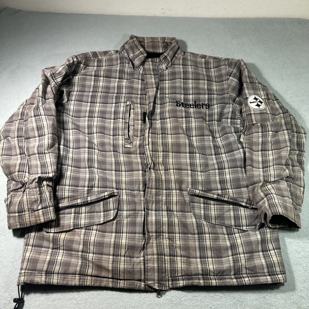 Y2K 2000s NFL Pro Line Steelers Bomber Jacket Large 2000s VTG Plaid Beige